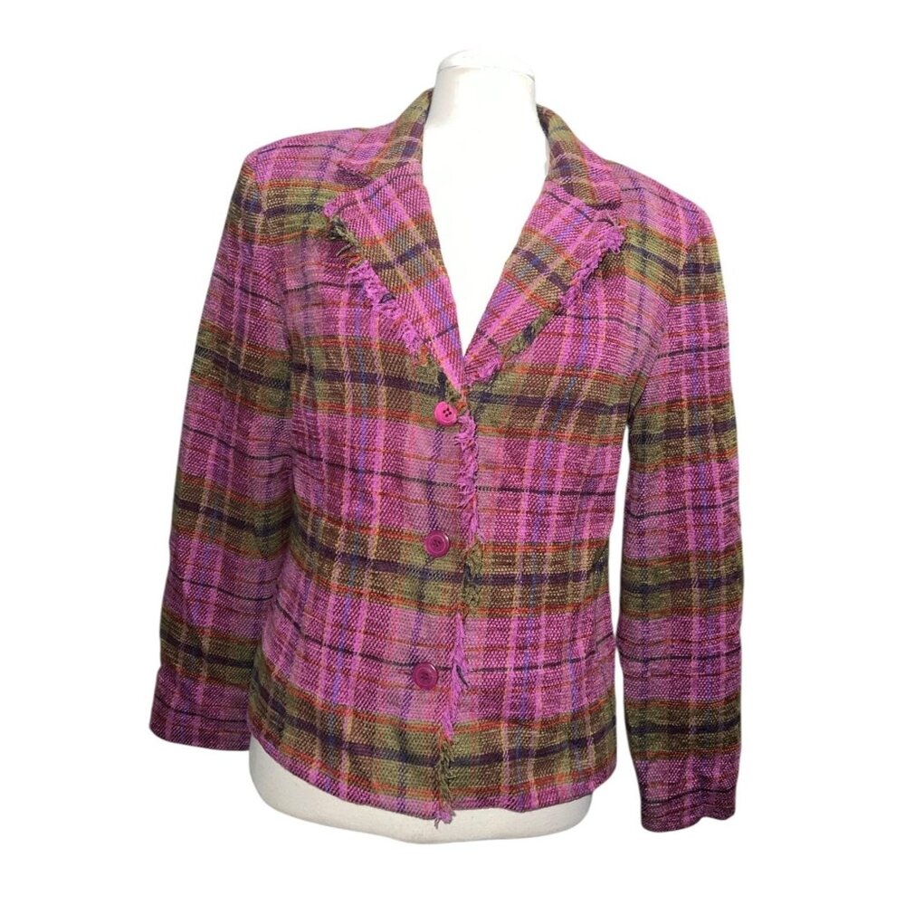 Vintage First Option Womens Plaid Tweed Blend Frayed Blazer Jacket With Button C